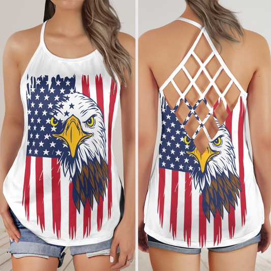Eagle With American Flag Criss Cross Open Back Tank Top