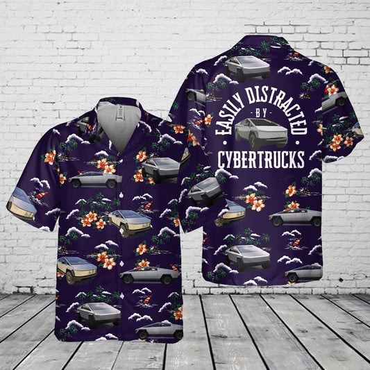 Easily Distracted By Tesla Cybertruck Pocket Hawaiian Shirt