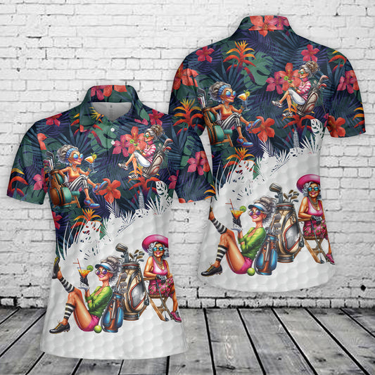 Elegant Woman with Golf Clubs and Cocktail Women's Sleeveless Athleisure Polo Shirt