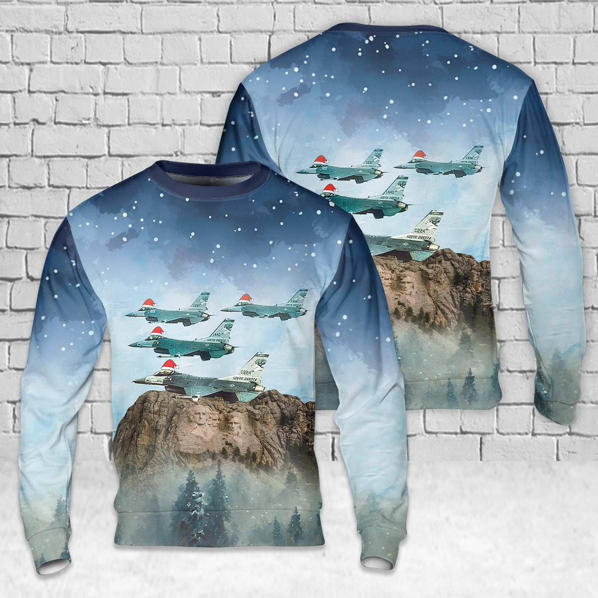 F-16 of the 175th Fighter Squadron "Lobos" from Sioux Falls AGB over Mount Rushmore South Dakota Air National Guard Christmas AOP Sweater