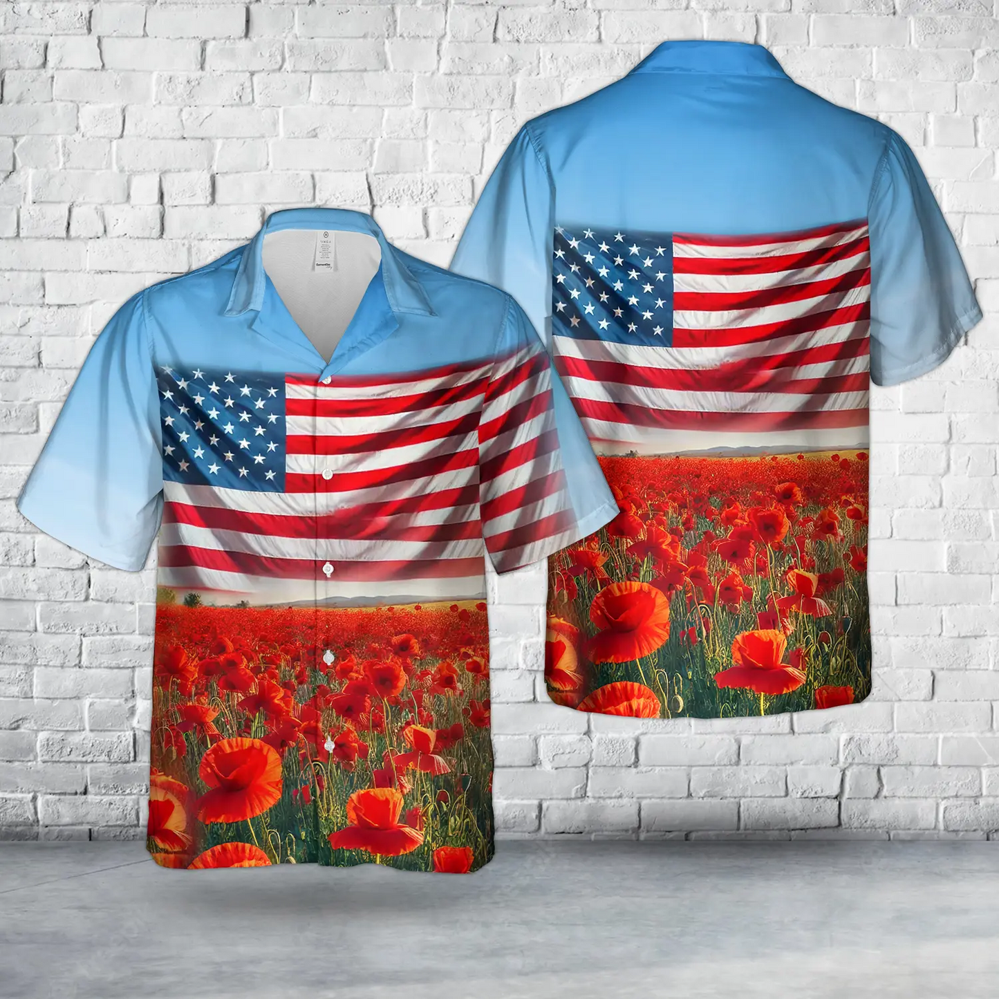Field Of Red Poppies USA Flag Hawaiian Shirt