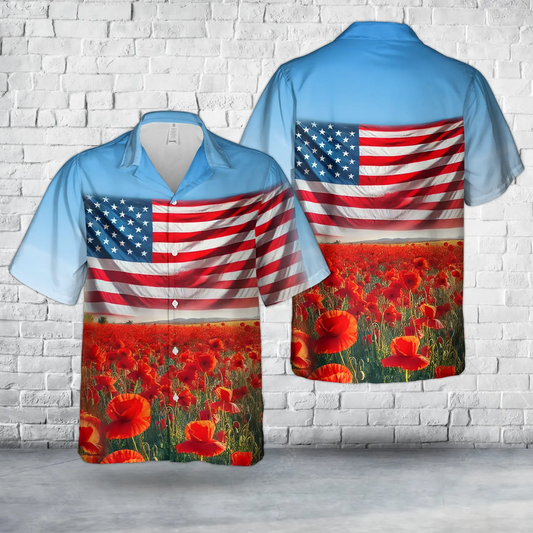 Field Of Red Poppies USA Flag Hawaiian Shirt