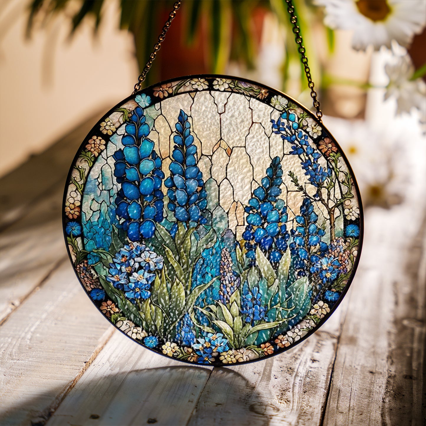 Field of Texas Bluebonnets Faux Stained Glass Suncatcher for Window Hanging