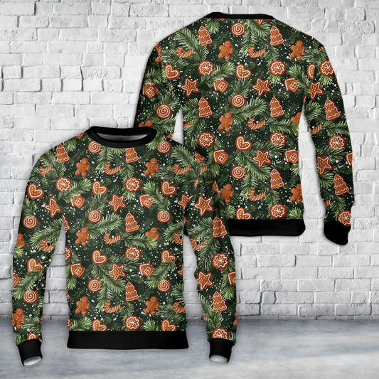 Fir Branches And Gingerbread Cookies Christmas Seamless AOP Christmas Sweater
