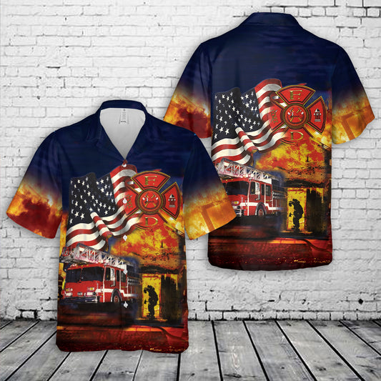 Fire Department American Flag Fighter Firemen Truck Rescue Hawaiian Shirt