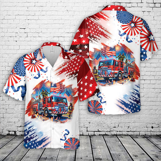 Fire Truck 4th Of July Hawaiian Shirt