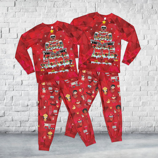 Fire Truck Christmas Kid Raglan Pajamas Set