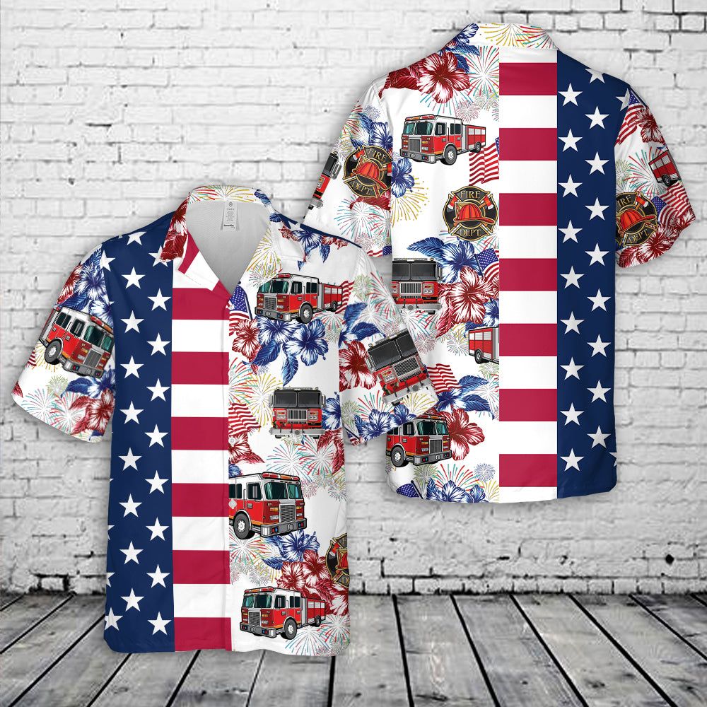 Fire Trucks Flag Firefighter, 4th Of July Hawaiian Shirt