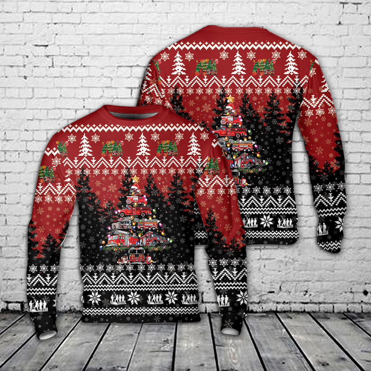 Firefighter Christmas Tree Fire Truck Xmas Fireman Red Christmas AOP Sweater