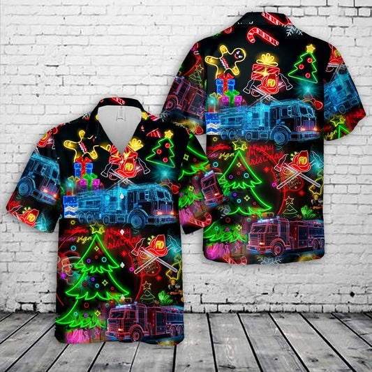 Firefighter Fire Truck Christmas Bright Neon Lighting Hawaiian Shirt
