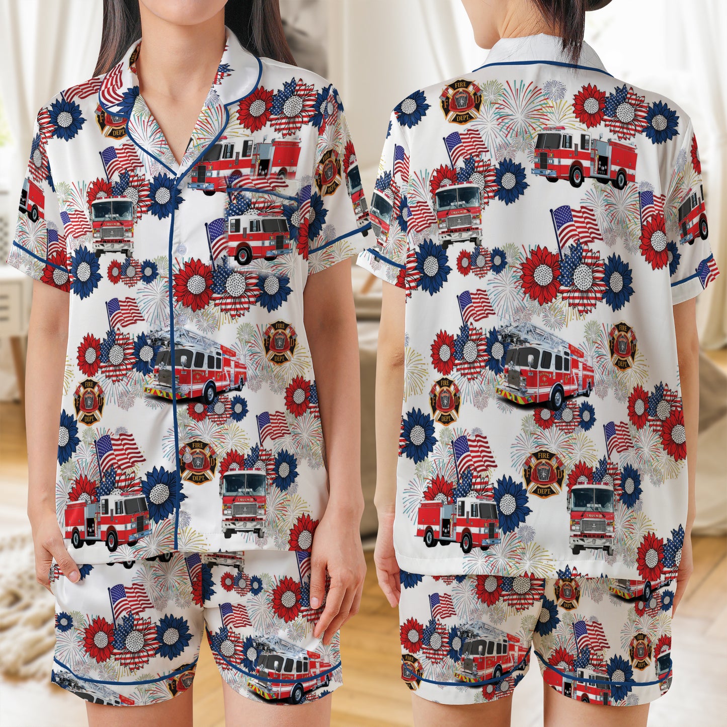 Firefighter Fire Trucks, Patriotic Sunflower AOP Satin Short-Sleeve Pajamas Set