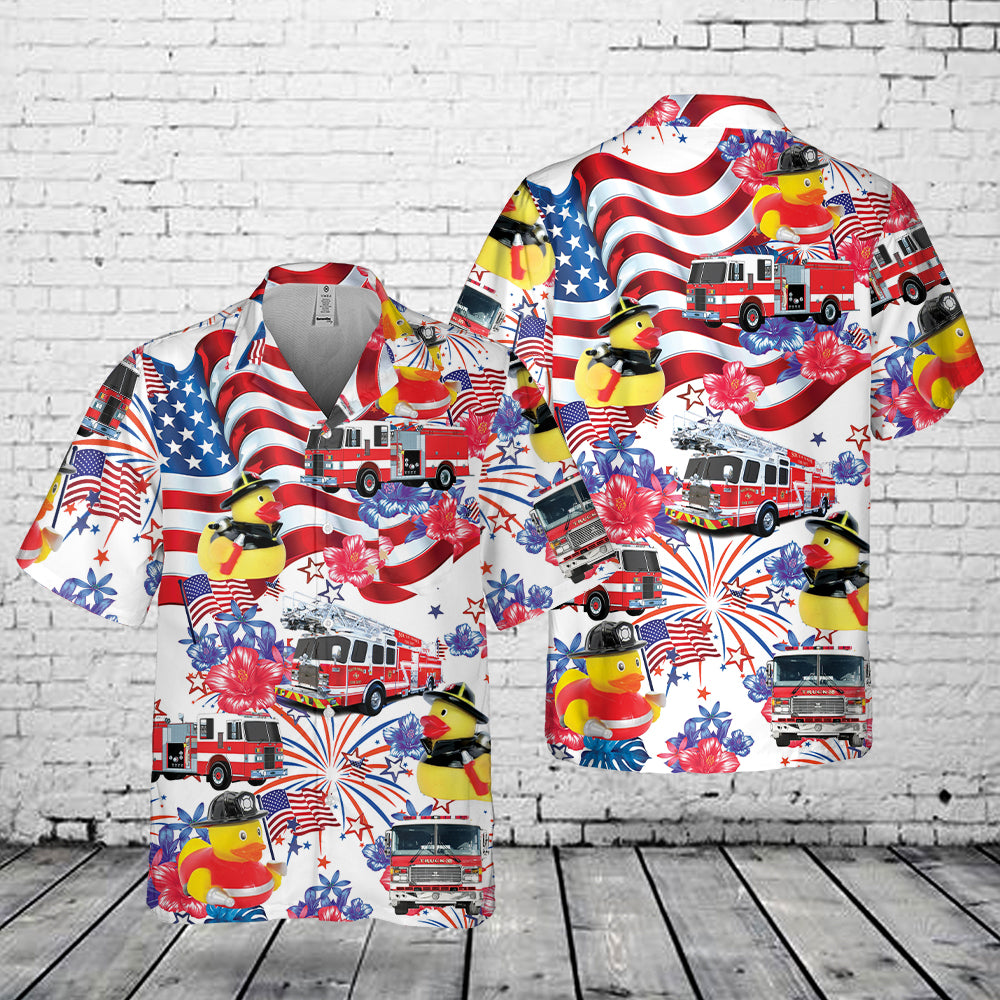Firefighter Fireman Duck, 4th Of July Pocket Hawaiian Shirt