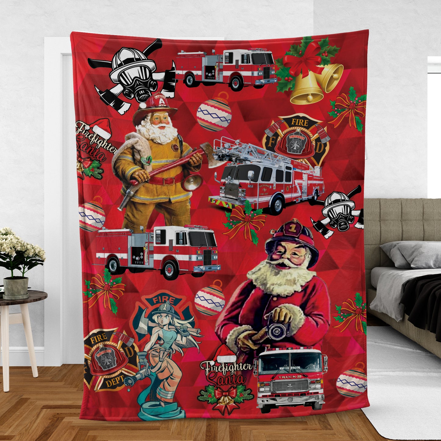 Firefighter Santa Christmas Fleece Blanket