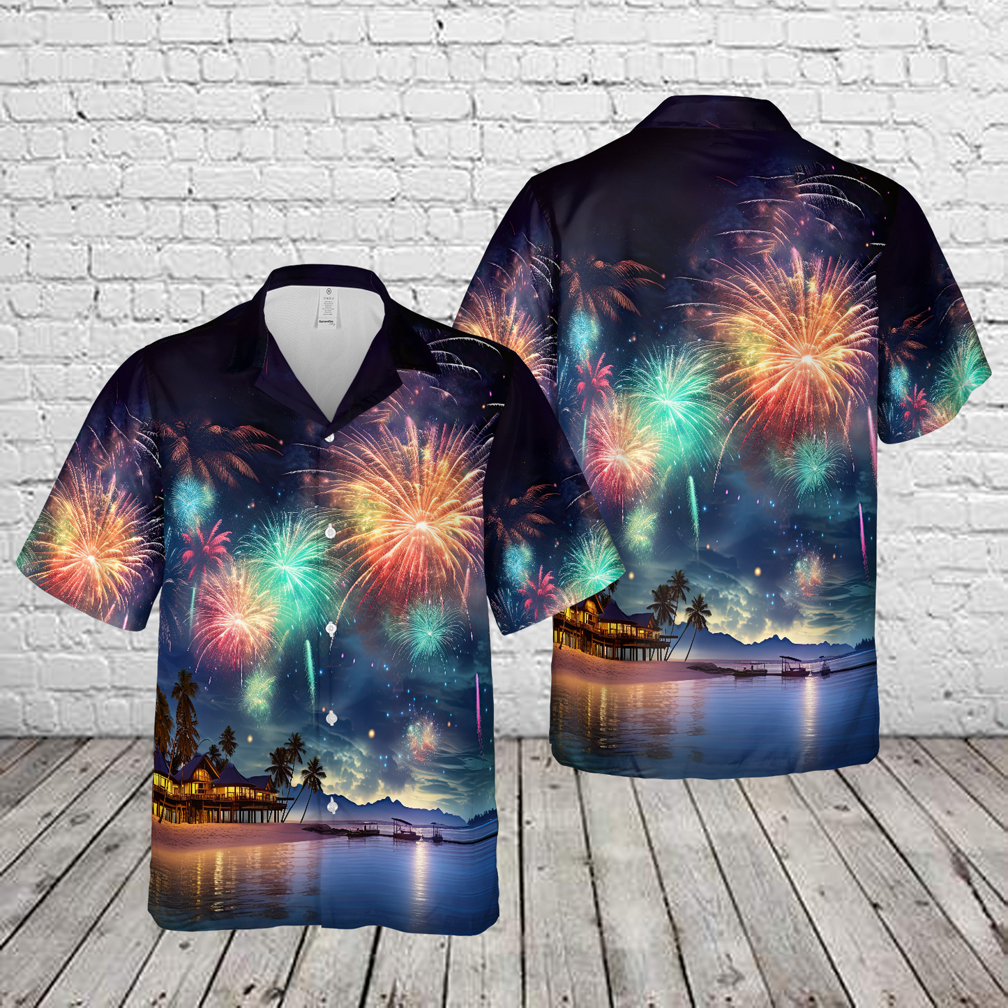 Fireworks With Palm Tree And Beach Hawaiian Shirt