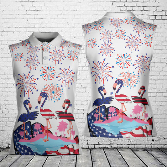 Flamingo Fireworks Bang 4th Of July Patriotic American Flag Women's Sleeveless Athleisure Polo Shirt