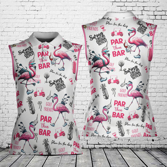 Flamingo Golf And Wine Women's Sleeveless Athleisure Polo Shirt
