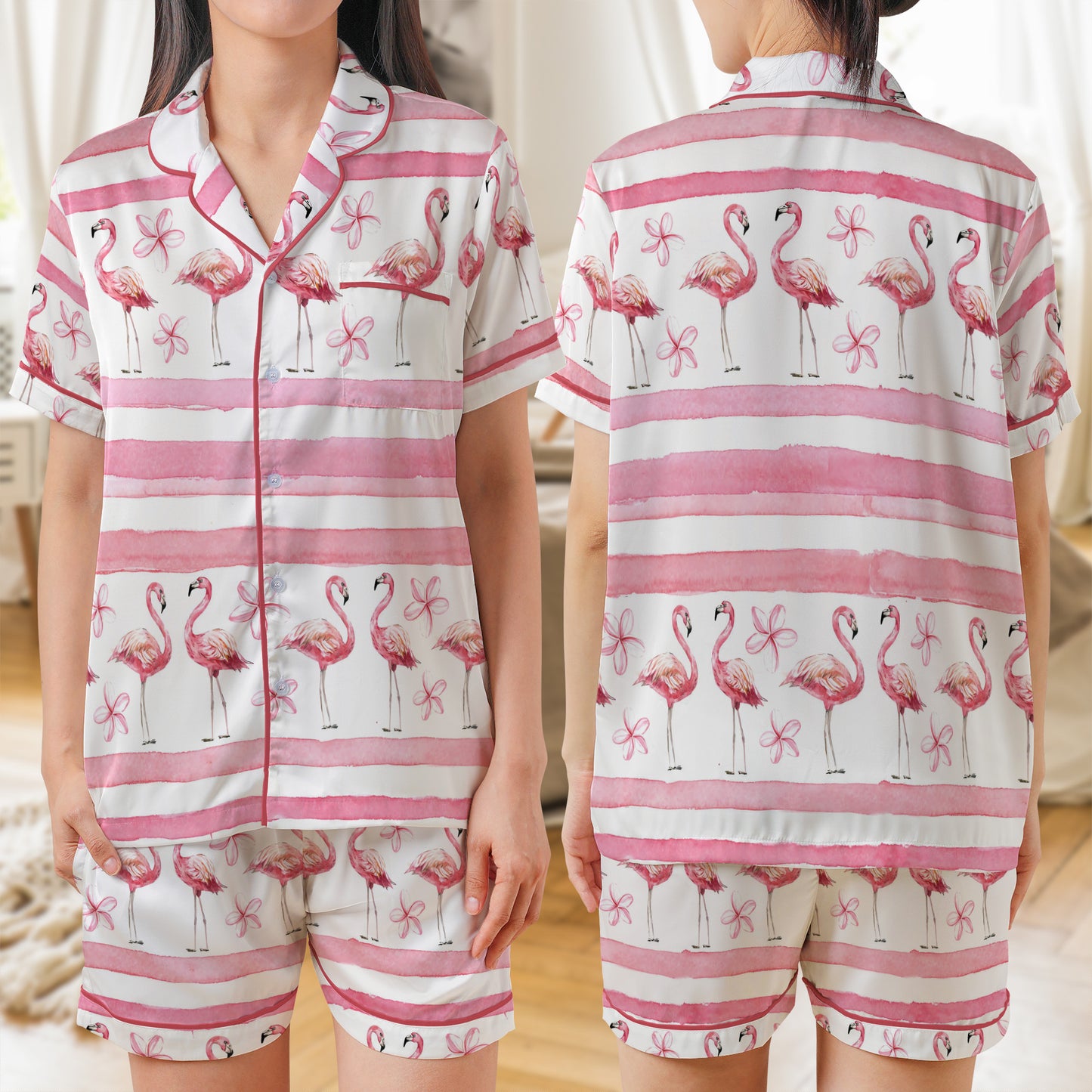 Floral Flamaingo Seamless AOP Satin Short-Sleeve Pajamas Set