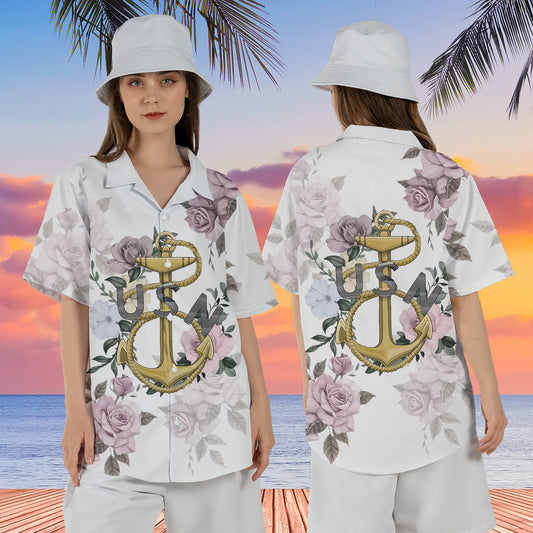 Floral Navy Heritage Anchor Hawaiian Shirt For Women