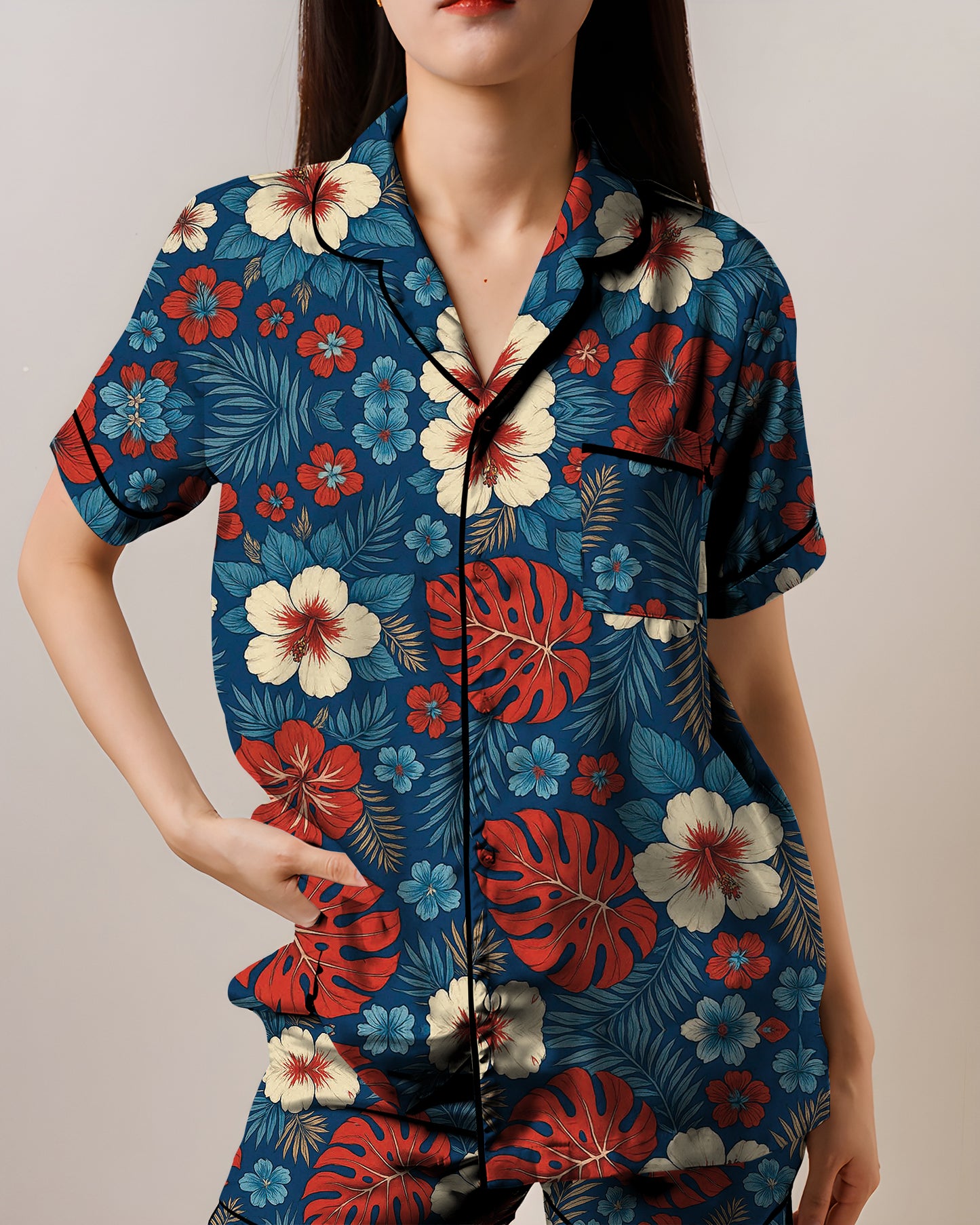 Flower 4th Of July AOP Satin Short-Sleeve Pajamas Set