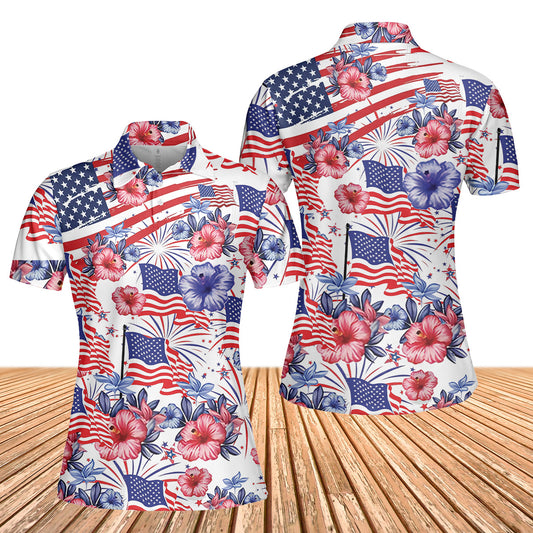 Flower American Flag 4th Of July Women's Polo Shirt
