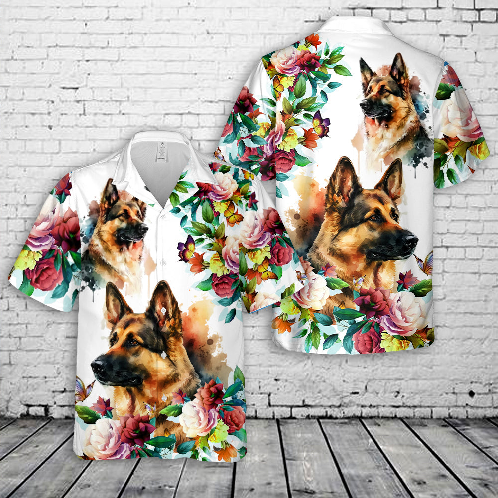 German Shepherd Floral Pattern Hawaiian Shirt
