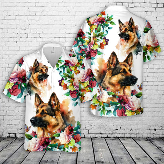 German Shepherd Floral Pattern Hawaiian Shirt
