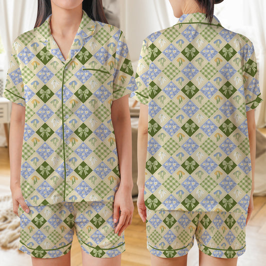 Gingham Check, Ribbon Bows AOP Satin Short-Sleeve Pajamas Set