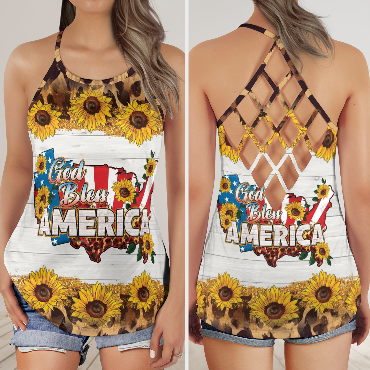 God Bless America Leopard And Sunflowers Criss Cross Open Back Tank Top