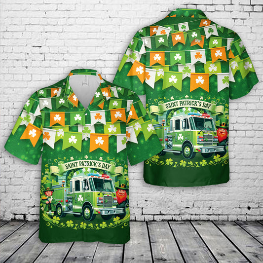 Green Fire Truck Saint Patrick's Day Leprechaun Hawaiian Shirt