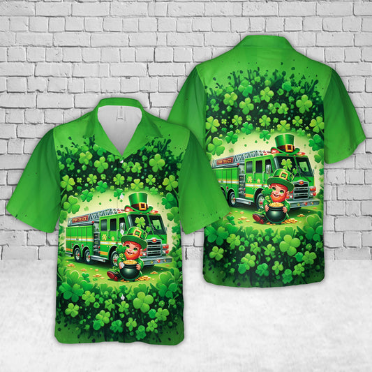 Green Fire Truck With Leprechaun Patrick's Day Hawaiian Shirt