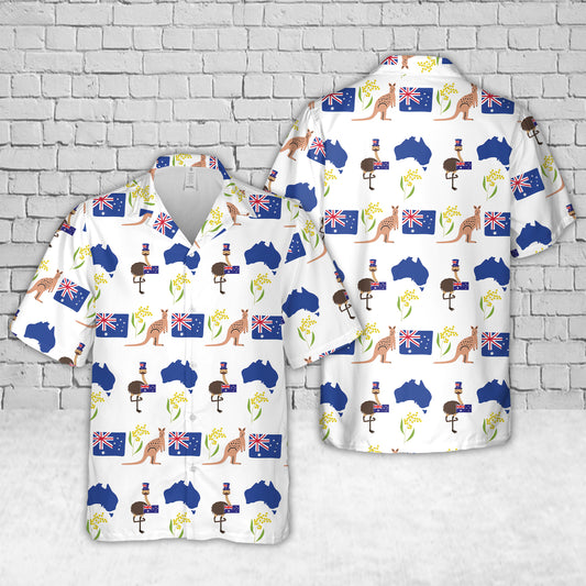 Happy Australia Day Emu Kangaroo Map and Flag Golden Wattle Flowers Hawaiian Shirt