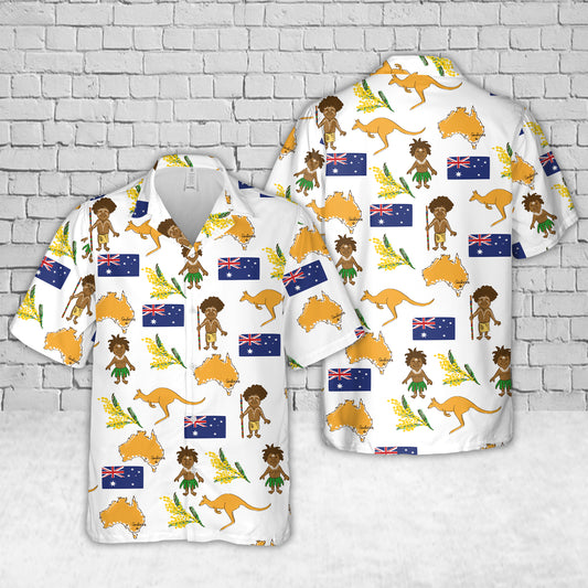 Happy Australia Day Kangaroo Map and Flag Golden Wattle Flowers Hawaiian Shirt