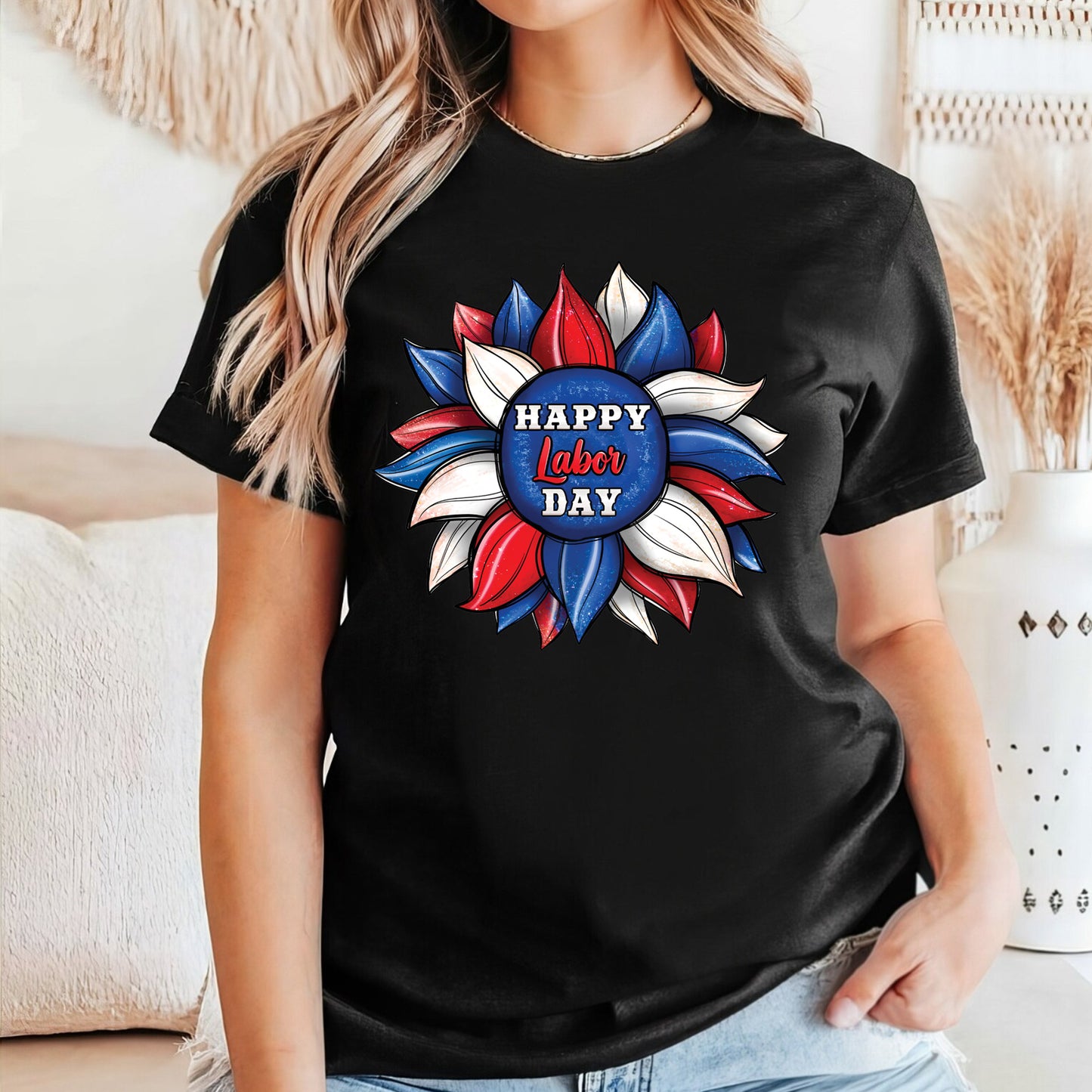Happy Labor Day American Flag Sunflower Classic Unisex T-Shirt Gildan 5000 (Made In US)