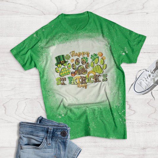 Happy St. Patrick's Day Paws Bleached T-Shirt
