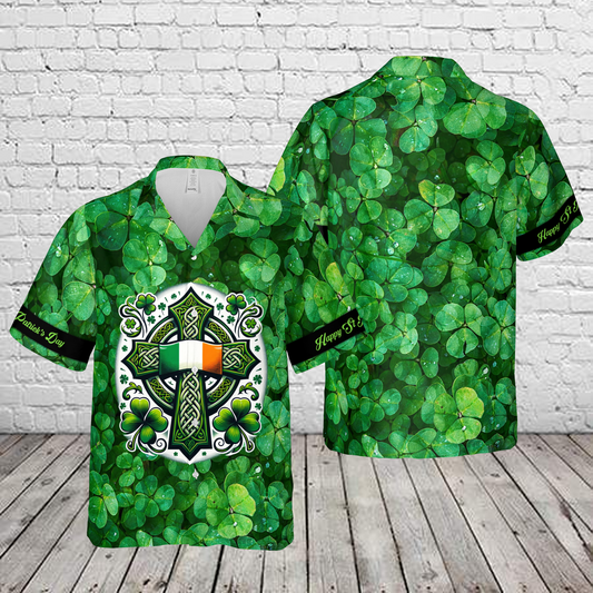 Happy St Patrick's Day Irish Celtic Cross Ireland Flag Shamrock Hawaiian Shirt