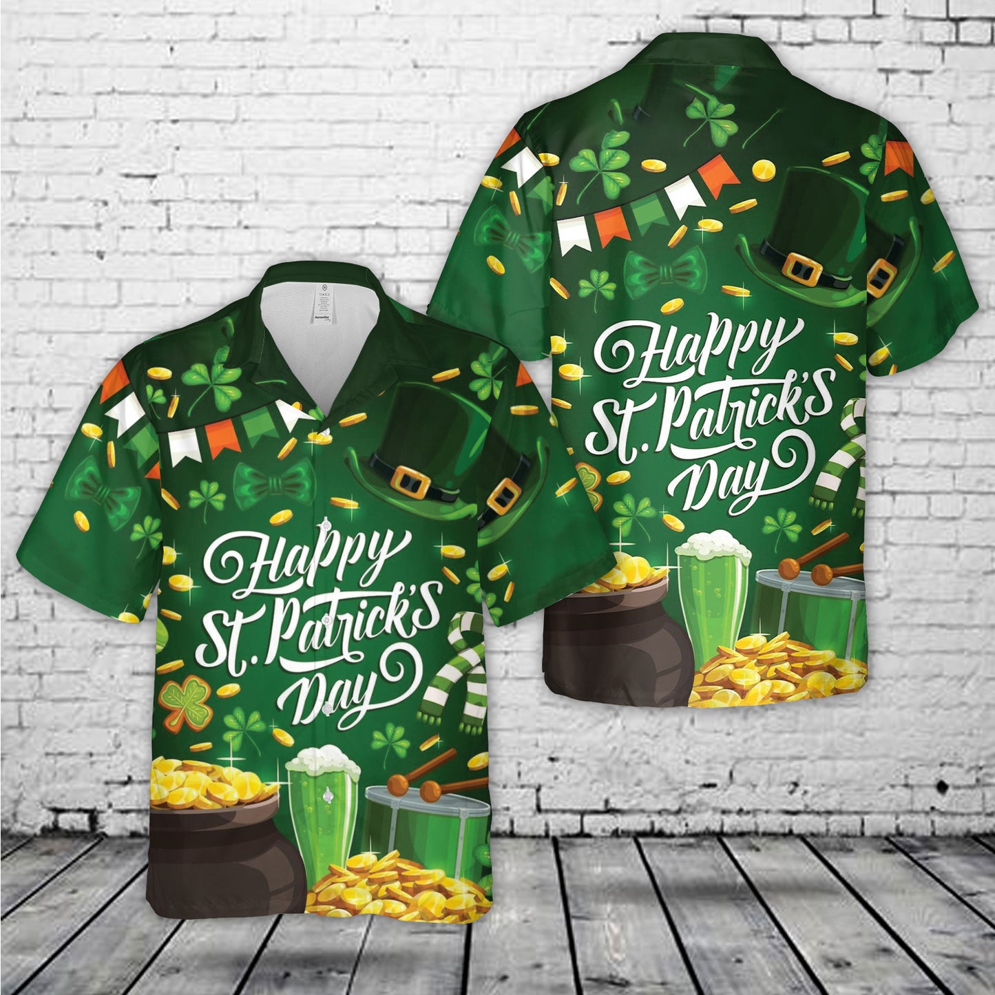 Happy St Patrick's Day With Golden Coins Pot Shamrock Clover Hawaiian Shirt