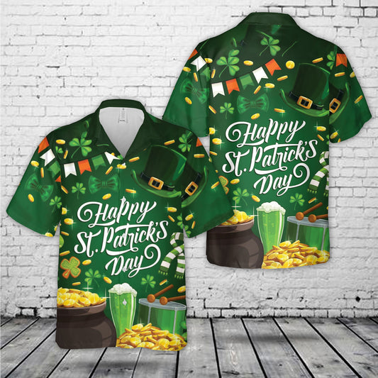 Happy St Patrick's Day With Golden Coins Pot Shamrock Clover Hawaiian Shirt