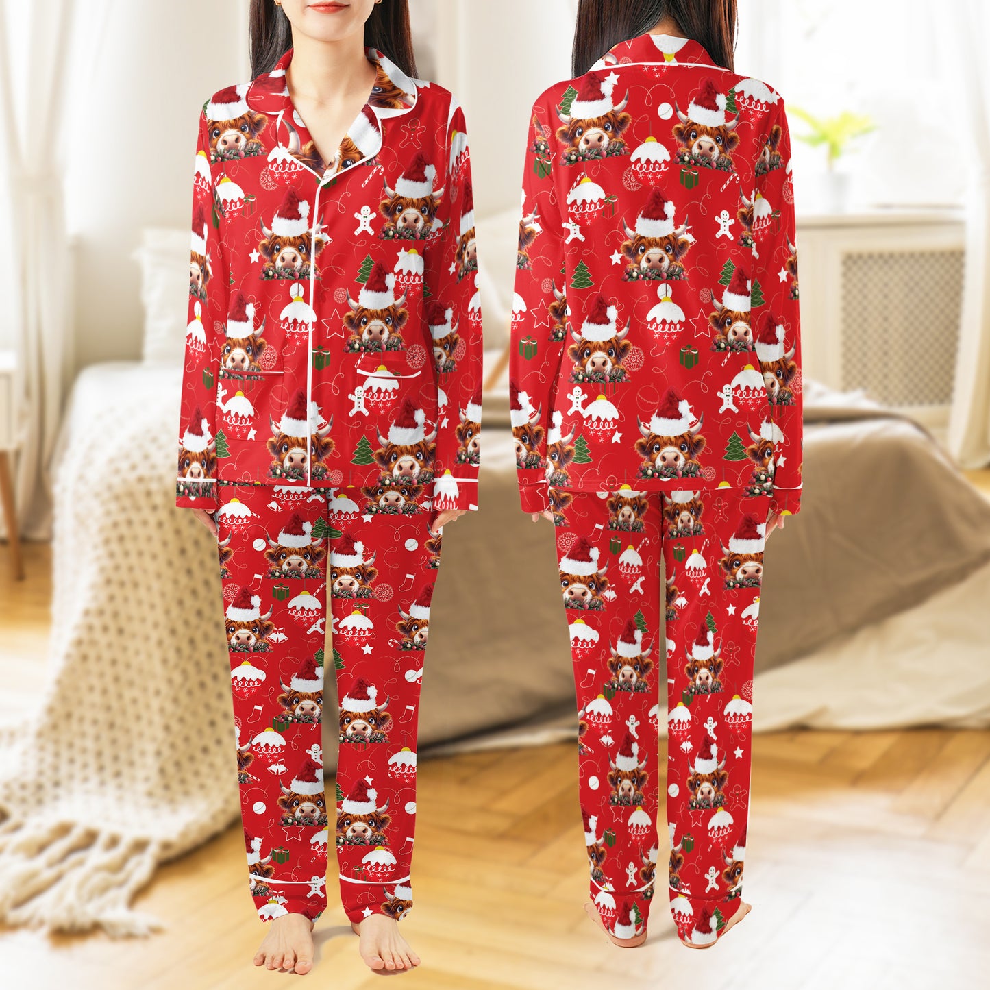 Highland Cow Christmas AOP Satin Pajamas Set