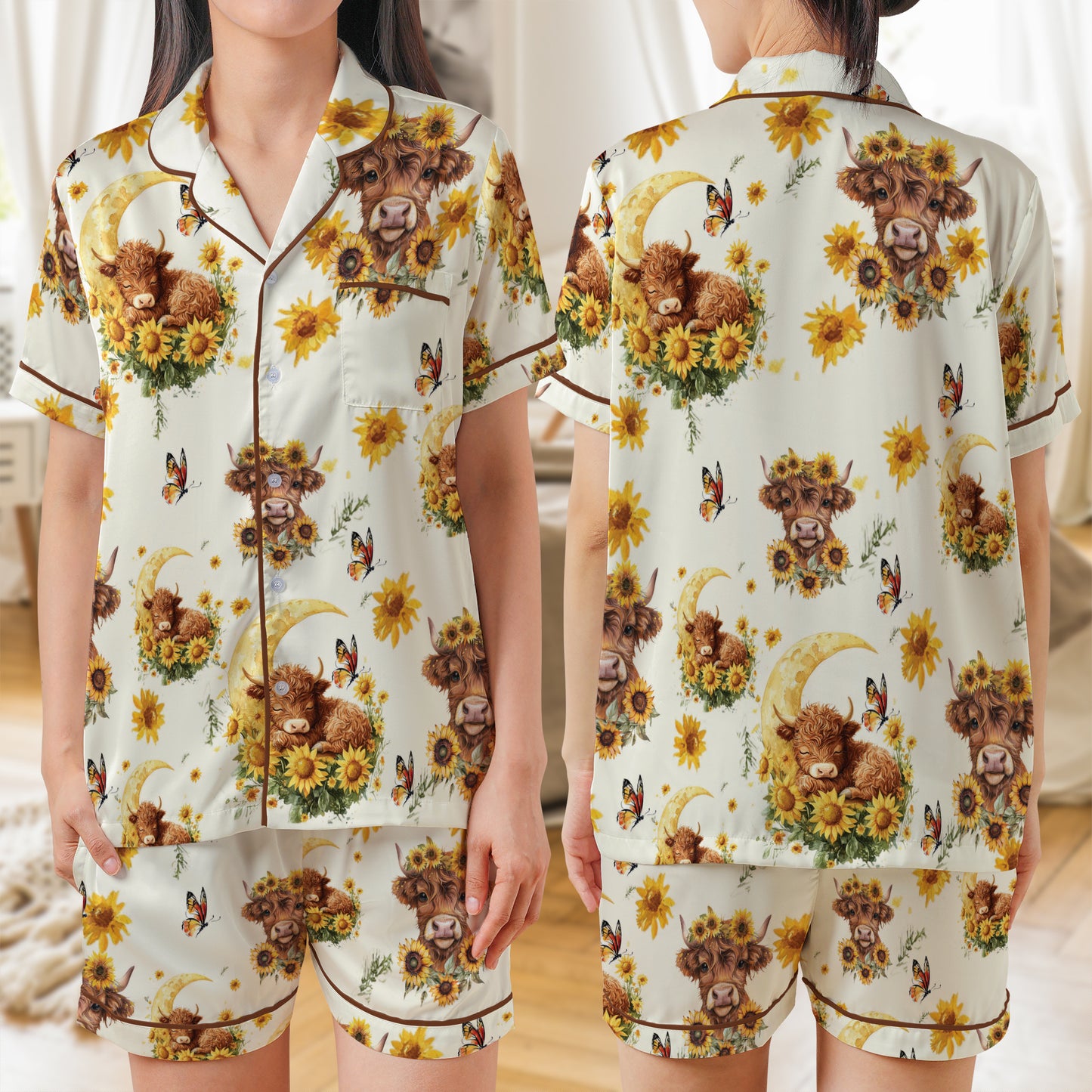 Highland Cow Sunflower AOP Satin Short-Sleeve Pajamas Set