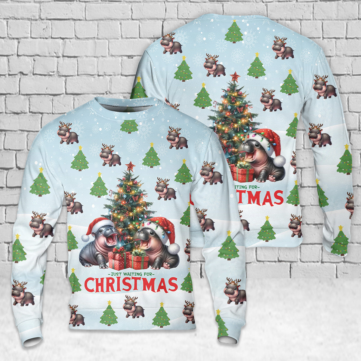 Hippo Moo Deng Just Waiting for Christmas AOP Sweater