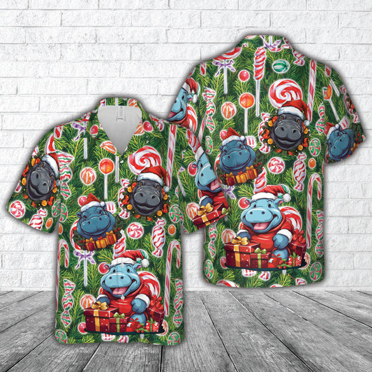 Hippo Wearing Santa Hat Christmas Hawaiian Shirt