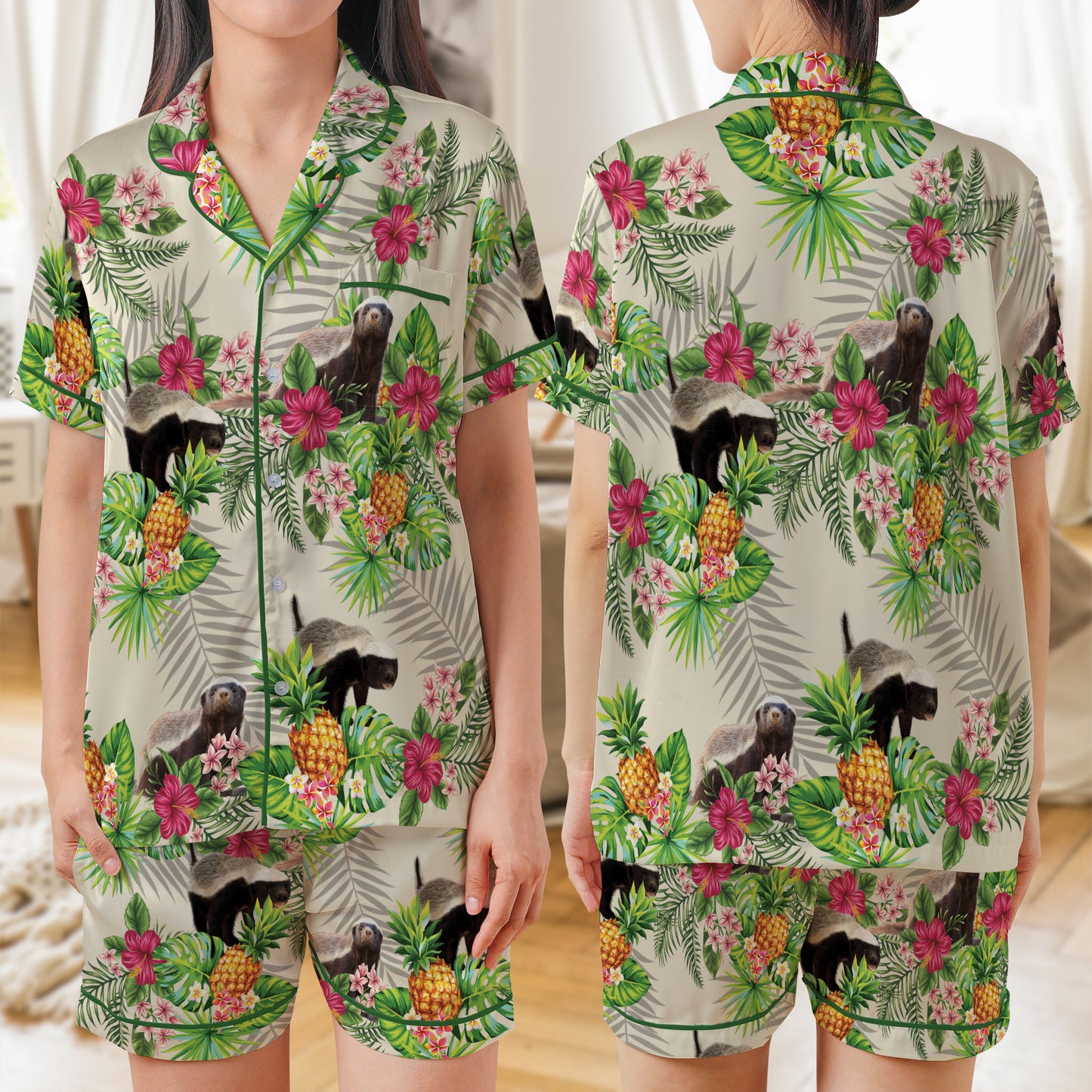 Honey Badger AOP Satin Short-Sleeve Pajamas Set