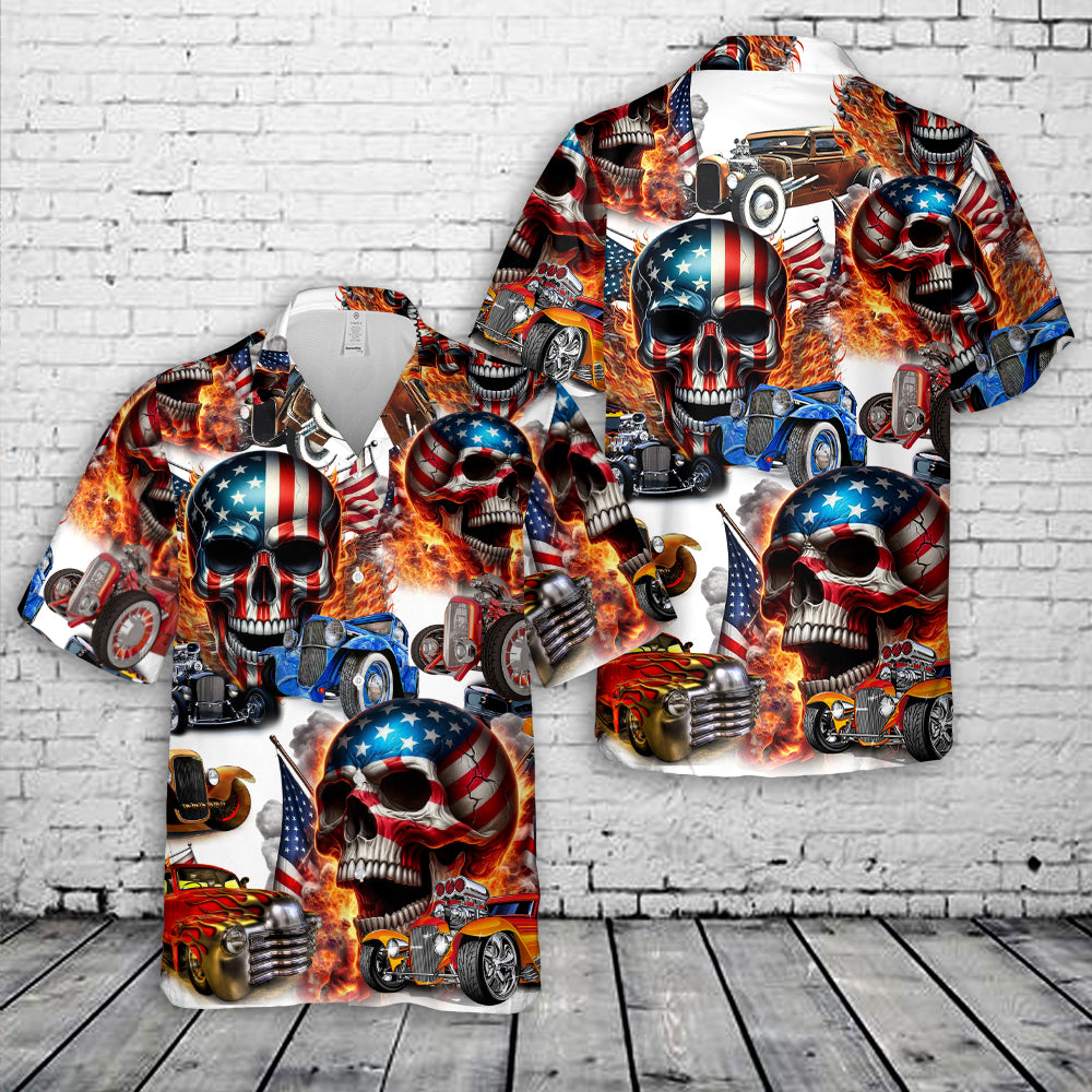 Hot Rod Cars Skull Flag Hawaiian Shirt