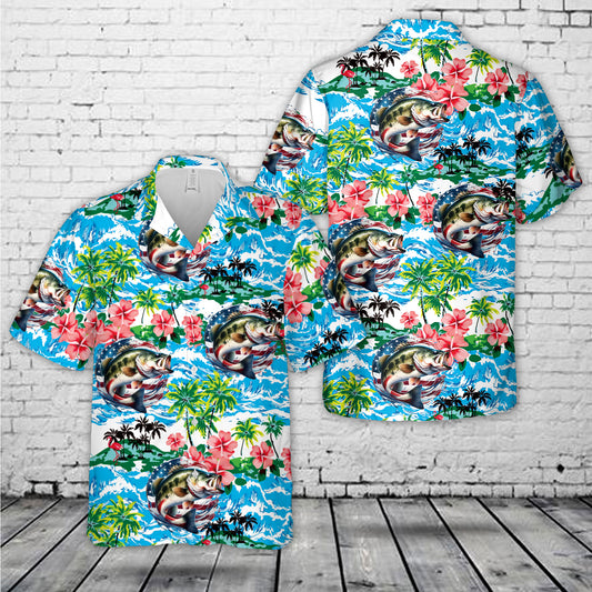 Large Mouth Bass Fishing Flag Hawaiian Shirt