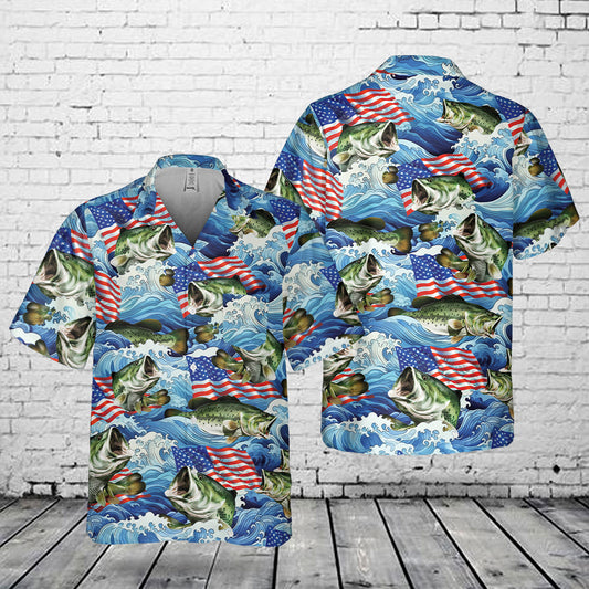 Largemouth Bass Fishing Flag Pocket Hawaiian Shirt
