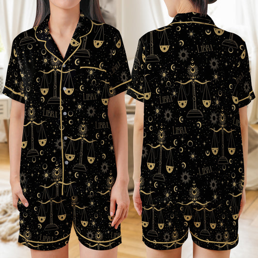 Libra Zodiac Star Seamless AOP Satin Short-Sleeve Pajamas Set