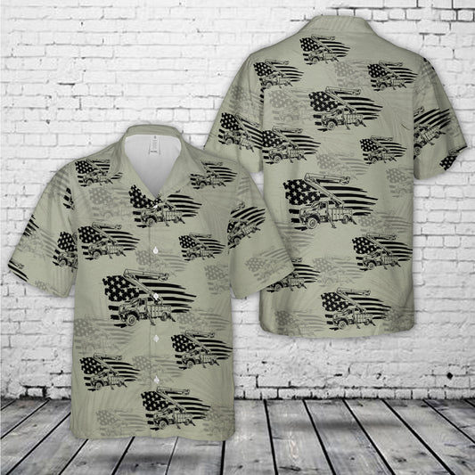 Lineman Bucket Truck Service Vehicle With American Flag Silhouette Hawaiian Shirt
