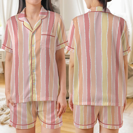 Lines Strip Pattern AOP Satin Short-Sleeve Pajamas Set