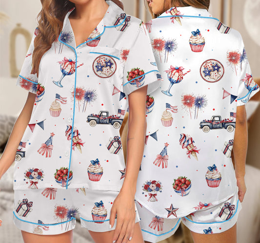 Patriotic America 250 Years of Freedom Anniversary 4th of July Satin Pajamas Set