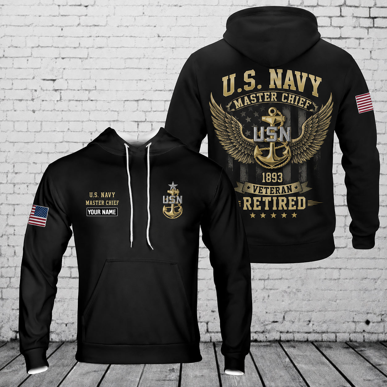 Custom name US Navy Master Chief Retired 1893 Veteran 3D Hoodie